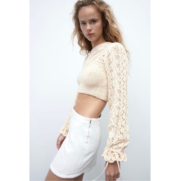 Zara Pointelle Knit Sweater Open Knit Crochet Cropped Sweater Cream Ecru NWOT - Picture 3 of 16